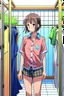 Placeholder: anime girl in a changing room wearing a pyjama shirt and short shirts