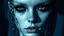 Placeholder: close up pale blue-white face with black-dark gold eyes with black shadow void gaze, hyper-realistic detail face, floats in deep darkness, deep blue abyss, void vibe,, vertical shadows of five chains projected on her face, crepy stunning, surreal vibe with meticulous textures, dark shadows