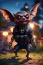 Placeholder: glowing vampire bat gremlin scout pimp hippie in the evening, hovering with glowing jets from rocket backpack in the backyard, in the style of a fallout 4,bokeh like f/0.8, tilt-shift lens 8k, high detail, smooth render, down-light, unreal engine, prize winning