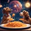 Placeholder: the lady and the tramp eating spaghetti, cinematic, epic glowing galaxy background, deep depth of field, 3D, constellation map, 16k resolution photorealistic, bokeh, a masterpiece by Alberto Seveso, breathtaking intricate details, realistic and lifelike cgi diorama, dramatic natural lighting, reflective catchlights, high quality CGI VFX fine art