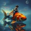 Placeholder: dreamlike, Esao Andrews-esque scene where a barefoot boy in tattered overalls rides atop a colossal, iridescent koi fish through a surreal twilight lagoon, his arms wrapped around the fish's sleek, glistening body as if it were a trusty steed. The fish's scales shimmer with impossible huespearlescent blues melting into burnt orangeswhile its fins fan out like delicate silk banners torn from some celestial tapestry. Around them, the water refracts into liquid prisms, distorting reflections of gna