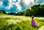 Placeholder: shot from front ,green field and wild flower field ,beautiful girl in pretty dress curly hair walking in water toward camera in trees next to wavy river with clear water and nice sands in floor.camera capture from her full body front, spring blosom walking to camera ,wild flowers moving in the wind ,blue sky,moving pretty clouds ,joy full facet.