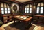 Placeholder: Fantasy medieval study room with desk front view