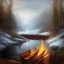 Placeholder: fantasy art, book illustration, sitting by a bonfire, in the background the stairs of a dam in the magical forest ,icy water