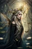 Placeholder: Blonde gold hair , dark gold ,dark Fairy wings,long hair,water lilies,dark fairy princess,nymph,elven crown,dragonflies,tiara,,gothic,glitter,rapunzel hair, very long hair, sparkle,night,