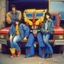 Placeholder: Optimus prime, bumblebee and ratchet inside car in 1990, transformers in jeans and jackets sitcom style tv show.