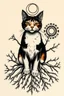 Placeholder: Design feminine tattoo: The centerpiece of the tattoo is a calico cat. From the paws, deep roots twist into the ground, sprawling outwards. The roots look as though they're entangled with the earth itself, symbolizing Taurus' deep connection to the planet. as a backdrop, include elements of gears A crescent moon or starry sky above the cat
