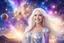 Placeholder: very beautiful cosmic women with white long hair, smiling, with cosmic dress and bright earings. in the background there is a bautiful sky with stars and light beam