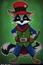 Placeholder: Make a Sly Cooper oc. He is a raccoon with sleek, charcoal-gray fur and emerald-green eyes. He has a sly and mischievous expression, with a black mask-like pattern around his eyes. He wears a tattered, dark blue bandit's outfit with a red sash and a feathered hat that adds to his roguish charm. He also sports a leather pouch at the base of his tail for carrying stolen treasures.