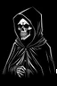 Placeholder: hanna-barbera grim skeleton in a black hooded cloak drawn in a retro mascot style, inside a light diamond shape on a black background, monochromatic