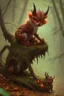 Placeholder: cute tiny forest demon sitting on a fallen leaf, intricately detailed, photorealistic, oil on canvas, trending on art station, high definition, hdr, cute, beautiful in sunshine