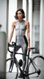 Placeholder: photography of a beautiful anorexic woman, grey satin triathlon top, brunette wavy bob haircut, pronounced sternum, flat chest, grey satin cycling leggins