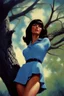 Placeholder: Portrait of Velma Dinkley, long-sleeved blouse, miniskirt, leaning forward against a tree, perfect body, perfect face, perfect eyes, dark hair, glamorous, gorgeous, delicate, romantic, realistic, romanticism, blue tones, Boris Vallejo - daylight Background - blue skies, sunlight - dark, wood panel wall in the background - fire, fog, mist, smoke