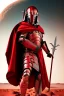 Placeholder: Planet Mars portrayed as a menacing man wearing Roman-like armour, a red cape, and a spartan helmet that covers his face entirely, he is armed with a spear and a spartan shield, his armour is covered with battle marks