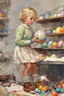 Placeholder: full color - a tiny little blonde girl in shorts and a turtleneck sweater coloring Easter eggs - digital art by Norman Rockwell