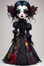 Placeholder: full color, full body illustration of a dark menacing Victorian goth vampire girl as a patchwork cloth doll toy, with contrast stitching across her patchwork face, art in the style of Alex Pardee, , 8k , finely detailed and precise line work,