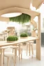 Placeholder: Corner exhibition stand in eco-style, with wood elements and greenery, with meeting areas