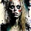 Placeholder: watercolor and ink illustration of portrait of scream queen sherri moon zombie as Baby Firefly, by Russ Mills, dynamic composition, oddball masterpiece, sfumato, complex contrast, dark background, ink splatter