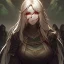 Placeholder: Goodness, elf, Blood splatter, female, portrait, max detail, hd, Long hair, dark souls style, detailed eyes, eye color blue