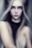 Placeholder: A beautiful young woman with long white hair and blue eyes, pale skin with opal freckles. Wearing a black dress