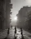 Placeholder: children playing on the indian street capture them against the sun and make an art silhouette, details, sharp, black and white 8k