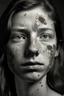 Placeholder: 20 year old woman, sunken face, dramatic style, total figure, tumors and scar in half of her face