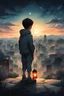 Placeholder: in A4 portrait, make the background color be dim with cool lighting, have a kid in a bottom center of the however make the kid only a small part of the image, make the kid hold a lantern or a torch in his hand. the kid is facing towards a landscape or city with a night sky and we can't see his face make this in the style of a painting,