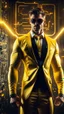 Placeholder: Hyper Realistic handsome muscular Electric-Superhero wearing long-fancy-yellow-tuxedo & fancy-sunglasses in a dark-rustic-circuit-room with electric-sparks-&-rays & a massive circuit-board-wall showing dramatic & cinematic ambiance.