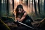 Placeholder: Warrior girl with black tears down her face, gritty, crouching down low at edge of thick forest at dawn, ready to attack, focused, determined, sword, looking off to side, photo realistic photograph