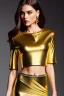 Placeholder: Beautiful perfect Portrait lady, full body shot, full-color long shot ornate gold filigree sheer crop top Tshirt and silver miniskirt positive space masterpiece picture of the day