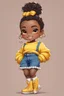 Placeholder: Create a detailed and vibrant illustration of a chibi-style character with dark skin and curly hair tied back in a high ponytail with a yellow scrunchie. The character is wearing a yellow off-shoulder sweater, blue jeans, and tan-colored boots with fluffy white trim. The character has a confident and cheerful expression, with large expressive eyes and a bright smile. Add gold hoop earrings and a heart-shaped necklace. The character should be standing in a dynamic pose with one hand on their hip,