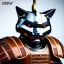 Placeholder: beautiful smooth realistic Japanese samurai robot cat body, run on dark cosmos background, dog еye, extremely sharp detail, finely tuned detail, ultra high definition, 8 k, unreal engine 5, ultra sharp focus, accurate sword wings, positive smile