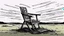 Placeholder: broken wooden chair, anime, monochrome, black background, ink, simple, maximum quality, broken hinge, barely functioning, centered on frame, far view, in the middle of a grassy hill, white sky with cumulonimbus