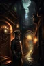 Placeholder: man in dark clothing, hiding around a corner., looking out on a brightly lit steampunk street