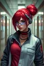 Placeholder: hot female cyberpunk with red hair in a bun, medic, wearing an jacket and pants, background corridor, realistic style