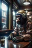 Placeholder: Space suit monkey with glass helmet sitting at a cafe, he, realistic, textured fur, hdr, photoshop, photography, 4k, 16k, leica, fujifilm