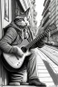 Placeholder: One single mature street cat, friendly, playing guitar, vienna, sunny day, perfect iris, model style, hyper realistic, extremely accurate, delicate, extremely detailed, Graphic novel style, colours, wide-angle, open aperture, superfine pencil