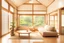 Placeholder: gatto gigante, interno casa stile giapponese, salotto soleggiato