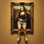 Placeholder: A painting of Mona Lisa on the wall, the frame with shorts and Crocs attached to her human legs