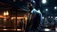 Placeholder: a man in artwork of namal rajapaksha, detail, smooth render, city scenery, restaurant, full body, down-light, dark winter, ar 16:9