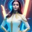 Placeholder: Actress , sci-fi, cyber punk , aishwarya rai , golden clothes, blue eyes, white hait, golden jeweld, circuitry, brillant, soft pink around