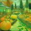 Placeholder: A light green swamp with pumpkins near a laboratory painted by Vincent van Gogh