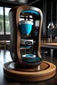 Placeholder: An ultra-advanced and futuristic home coffee maker with a touch screen and a curved shape inspired by bionic coffee beans and with a fun and different color palette made of wood and glass and The ability to grind coffee while brewing it