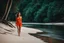 Placeholder: beautiful girl in blue and orange short and top walking toward camera in trees next to wavy river with clear water and nice sands in floor.camera capture from her full body front