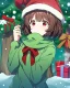 Placeholder: Girl with short brown hair, red eyes, green sweatshirt with a horizontal yellow stripe, he is wearing a Christmas hat, and in the background there are trees in the cold winter with lots of snow, Anime Hq style