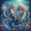 Placeholder: luminescent. mystical, mermaid gnome couple with long curly fancy flowing tail. Riding a seahorse, Marine life Background. perfect facial features. Hyperdetailed, dreamlike.