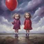 Placeholder: Surreal painting of 2 little girls, red shining raincoats, big eyes, the sky in the background, à purple balloon