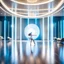 Placeholder: beautiful dance stage with a beautiful girl dancing in luxury modern hall dynamic lights, modern furniture light blue & cream theme