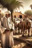 Placeholder: old man, Arab, turban, white clothes, cattle, desert, council, sun, palm trees, mud houses