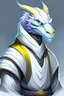 Placeholder: half shot of a white dragonborn with golden eyes, gentler features, calm, pure white scales, dark grey sleeveless robes, grey trousers